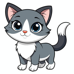Cute gray and white cartoon kitten with big eyes, smiling illustration