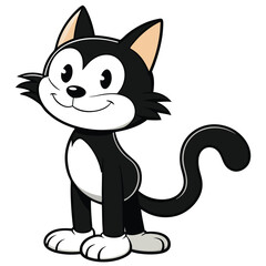 Cartoon black and white kitten with big eyes, smiling illustration