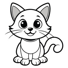 Cute cartoon kitten with big eyes, gray accents, and fluffy tail