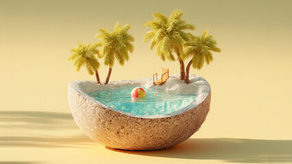 Obraz premium Brightly colored swimming pool surrounded by palm trees and a beach ball, creating a tropical retreat under a clear sky