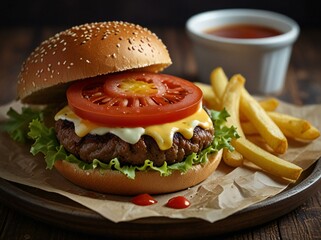 Juicy cheeseburger with french fries and ketchup