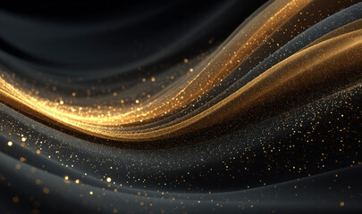 This elegant abstract background features flowing golden waves against a dark backdrop, enhanced by shimmering particles that evoke a sense of luxury
