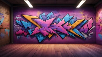 Colorful Graffiti Art on Brick Wall in Urban Interior with Wood Floor