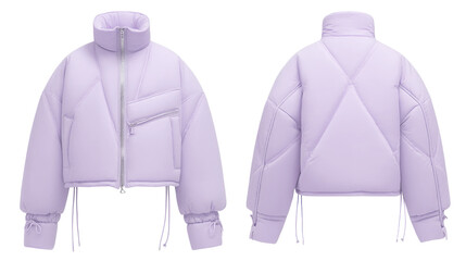 This cropped boxy puffer jacket in light purple features a high collar and functional zip pocket, ideal for chilly days and fashionable outings