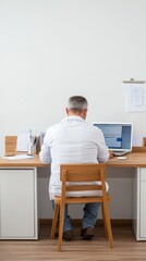 Doctor at Desk Working on Laptop: A Professional in White Coat Engaged in Healthcare, Medicine, and Technology in a Modern Office Setting