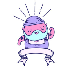 scroll banner with tattoo style bearded man flexing bicep