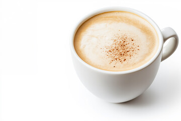 Cup of cappuccino with frothy milk foam and a dusting of cinnamon sits in a white mug on a clean white background