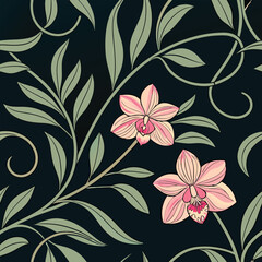 Elegant seamless pattern of orchids and vines