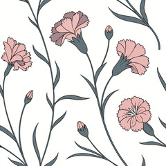 Seamless pattern of vibrant carnation blooms and curled petals