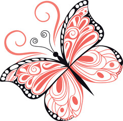 Ornate Butterfly Illustration in Soft Pink and Black Swirls