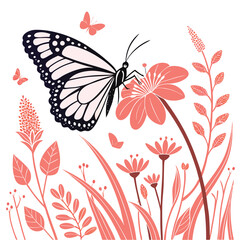  Monarch Butterfly in a Floral Garden Illustration with Pink Flowers