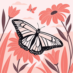  Monarch Butterfly in a Floral Garden Illustration with Pink Flowers