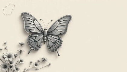 Monochromatic Butterfly and Floral Arrangement Against a Neutral Background