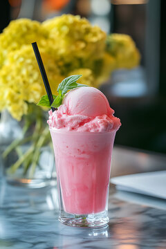 Strawberry ice cream dessert with mint in a glass