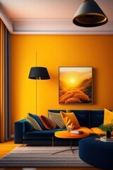 modern living room interior design orange wall blue sofa contemporary home decor furniture