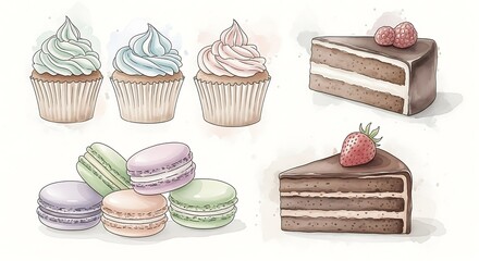 Beautiful watercolor dessert selection: cupcakes, macarons and chocolate cake, pastel tones and delicate detailing.
