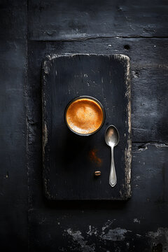 Hot coffee on black wooden tray in top view