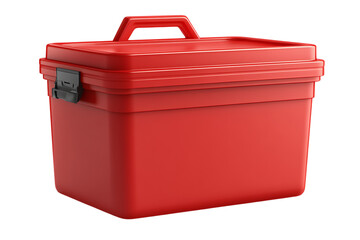 Red plastic storage box with handle and black latch on transparent background