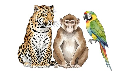 Jaguar, monkey and parrot sitting together. 