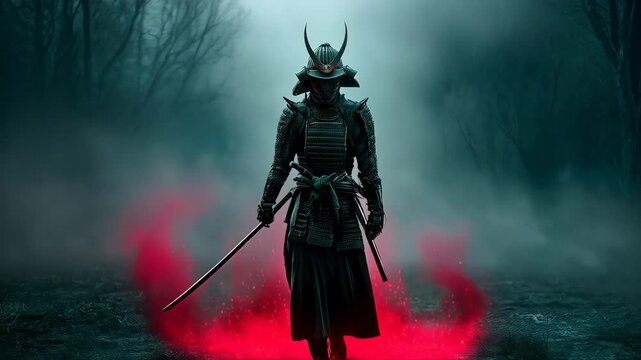 Samurai warrior stands in misty forest with glowing red smoke at dusk