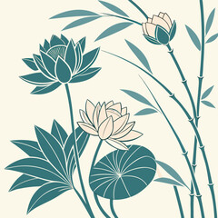 Seamless zen floral pattern with lotus flowers and bamboo