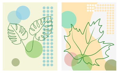 Modern botanical background featuring abstract leaves with a single line combined with colorful geometric shapes. Wall decor, posters, greeting cards etc.