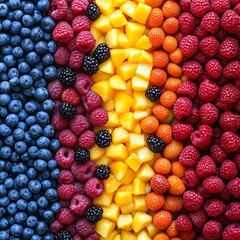 A vibrant arrangement of fresh berries and colorful fruits, showcasing a variety of textures and shades, perfect for healthy eating or summer recipes.