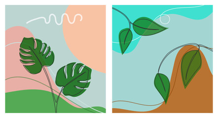 Modern tropical abstract background with bold green leaves and organic shapes. An artistic and versatile layout suitable for various creative projects.