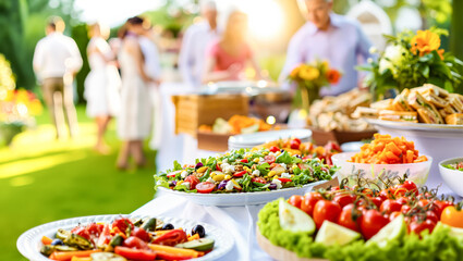Abundant Outdoor Garden Party Food Buffet Ready for Summer Celebration. Festive Table with Fresh Salads, People Socializing in Sunshine. Al Fresco Dining.