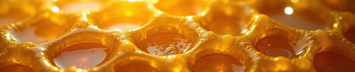 Thick honey flows, glistening on textured honeycomb backdrop , close-up, delicious
