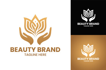 Luxury Beauty Logo with Hands and Floral Lotus Design