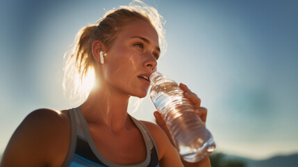 Athletic woman rehydrating after workout under the sun. Concept of hydration, summer heat, physical activity, endurance, and sports recovery.