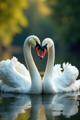 Fototapeta premium Two graceful swans intertwined, soft bokeh background, outdoors, love