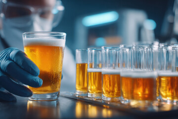 An assistant wearing gloves examines a glass of beer while surrounded by multiple sample glasses in a production facility dedicated to quality control