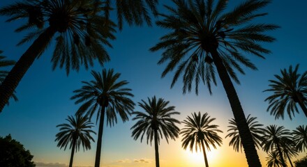 Silhouetted palm trees against a vibrant sunset sky