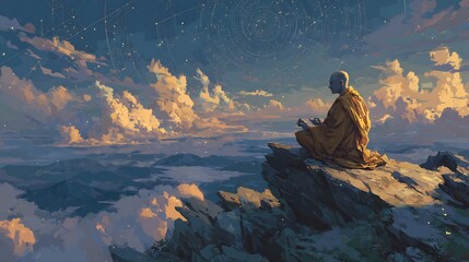 Fototapeta premium Monk's Mountaintop Meditation: A Serene Sunset Landscape