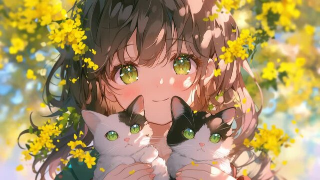 Anime girl holding cats surrounded by yellow flowers portrays childhood wonder and animal companionship