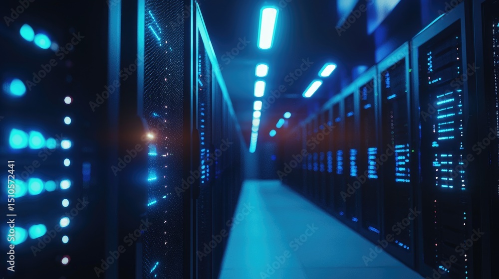 Poster Long corridor of advanced data servers illuminated by cool blue lighting in a modern data center, ideal for concepts of cloud storage, IT infrastructure, and cybersecurity systems