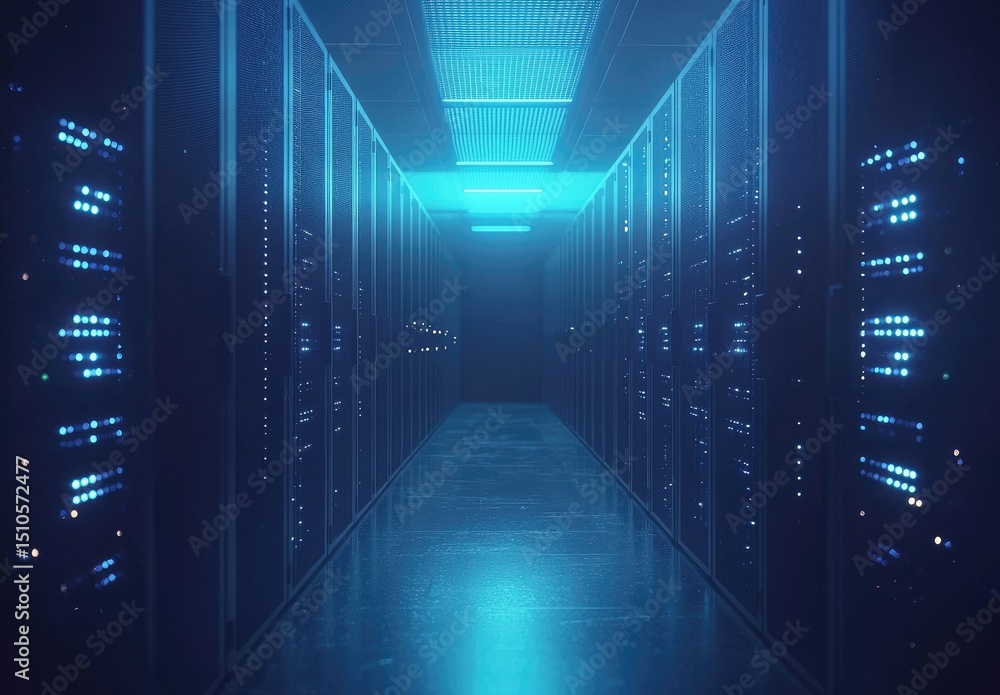 Leinwandbilder dark glowing data center hallway with illuminated server racks and ceiling lights, ideal for visual 