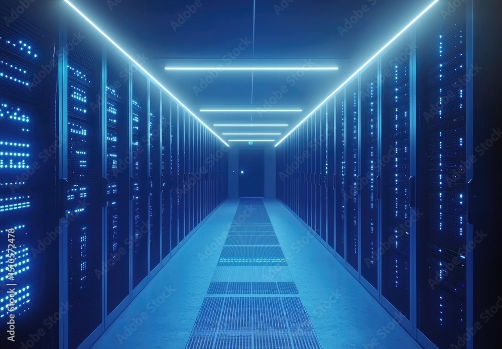 Poster modern data center corridor with sleek blue-lit server racks and clean ceiling lights, ideal for ill