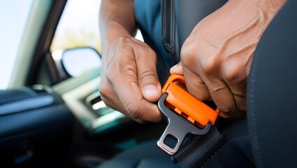 Close Up of Person Fastening Orange Seatbelt in Car for Safety and Protection