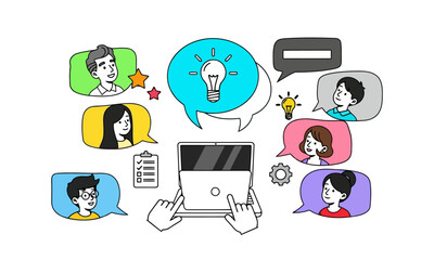 Dynamic Virtual Collaboration: Sharing Ideas, Feedback, and Knowledge in Online Workspaces. in virtual collaboration around a central laptop, with speech bubbles representing communication, idea shari