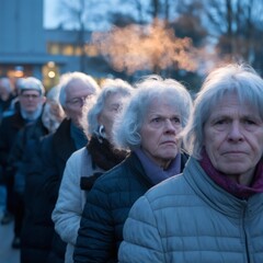Aging Populations – Pension Line: “A queue of silver-haired retirees outside a government benefits office at dawn, breath visible in cool air. Expression-filled faces convey both hope and uncertainty.