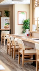 Fototapeta premium Elegant Restaurant Interior: A Serene Dining Space with Modern Chairs and a Clean, Minimalist Design, Perfect for a Relaxing Meal in a Stylish Setting.