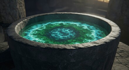 Mystical, glowing liquid pool in a dark stone bowl