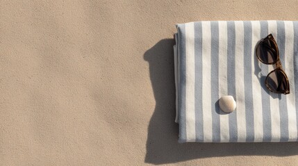 Striped Towel, Sunglasses, and Shell Arranged on Sandy Beach