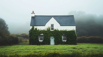 Obraz premium Enchanted White Cottage Surrounded by Dense Vegetation in Misty Landscape