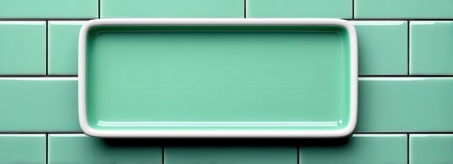 Empty teal rectangular dish on mint green tile