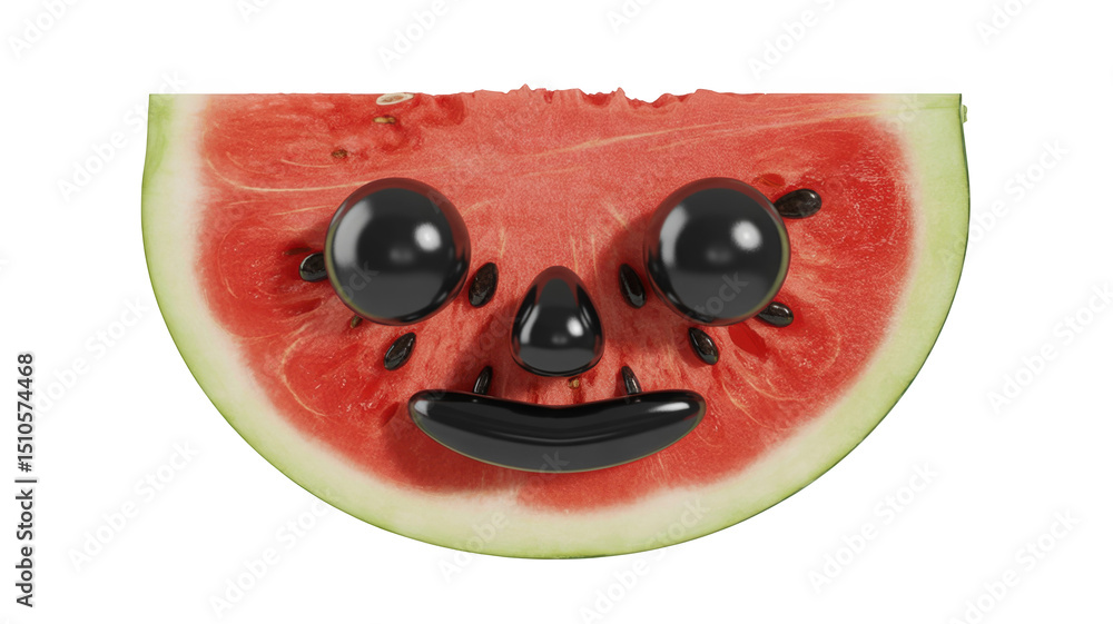 Poster 3d rendering of a smiling face created using a slice of watermelon with black glossy eyes, nose, and