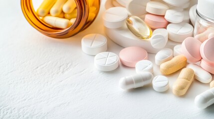 Assorted Pills and Capsules: A Still Life of Modern Medicine for Healthcare, Pharmaceutical, and Wellness Concepts, Illustrating Treatment and Recovery